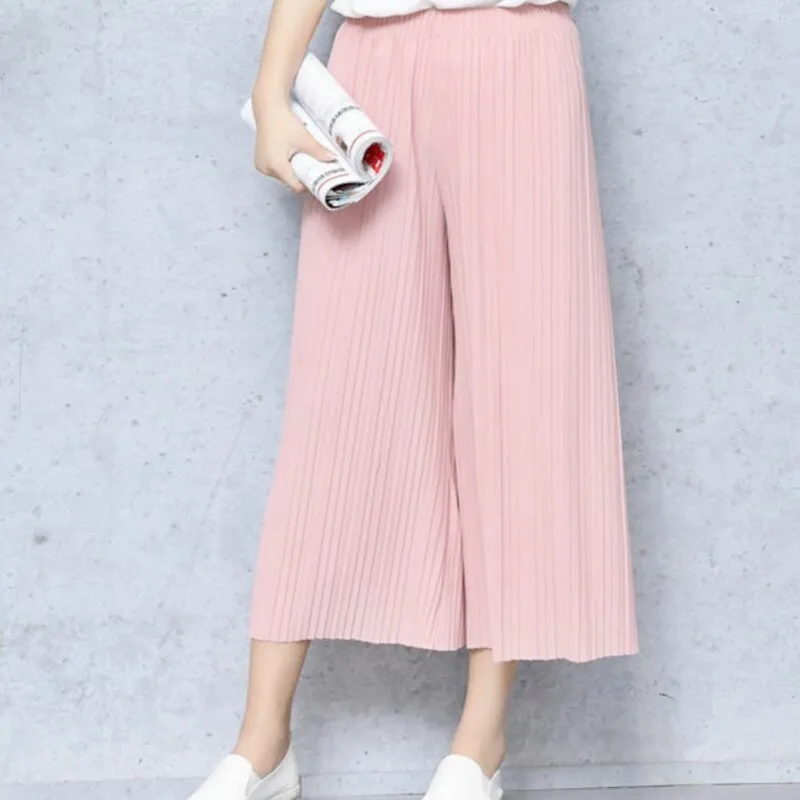 

2018 Summer High Waist Pleated Chiffon Wide Leg Pants Elastic Casual Loose Pants Office Lady Thin Cropped Trousers Women Capris