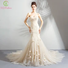 SSYFashion, романтический светильник, свадебное платье русалки цвета шампанского, милое, кружевное, цветочное, рыбий хвост, свадебное платье, Vestido De Noiva