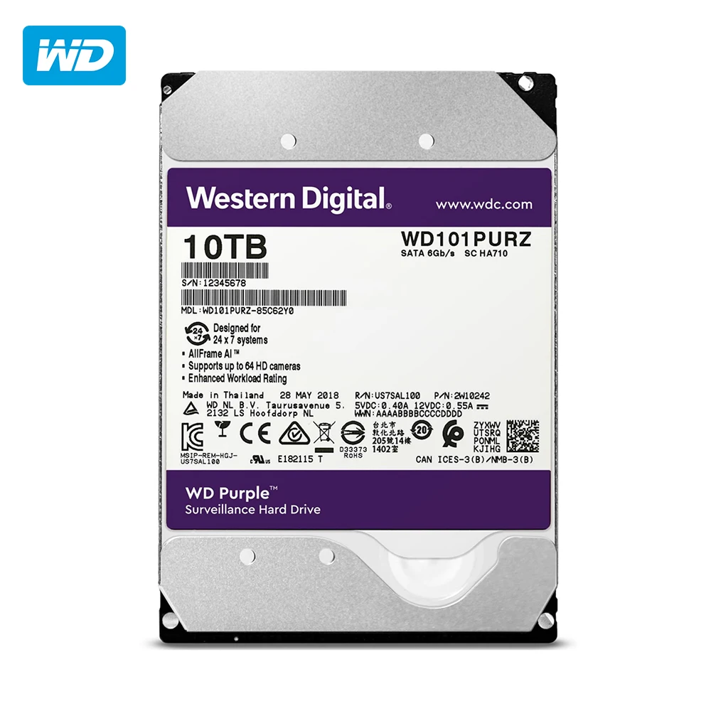 

Western Digital Purple, 3.5", 10000 GB, 7200 RPM, Serial ATA III, 256 MB, HDD