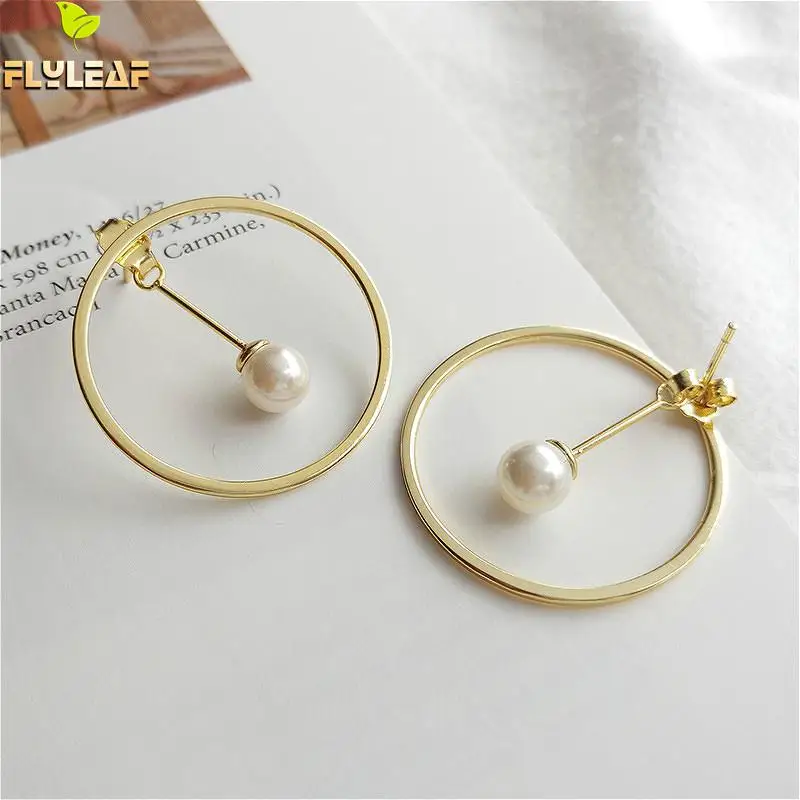 

Flyleaf 925 Sterling Silver Big Circle Shell Pearl Drop Earrings For Women High Quality 18k Gold Dangle Earings Fashion Jewelry