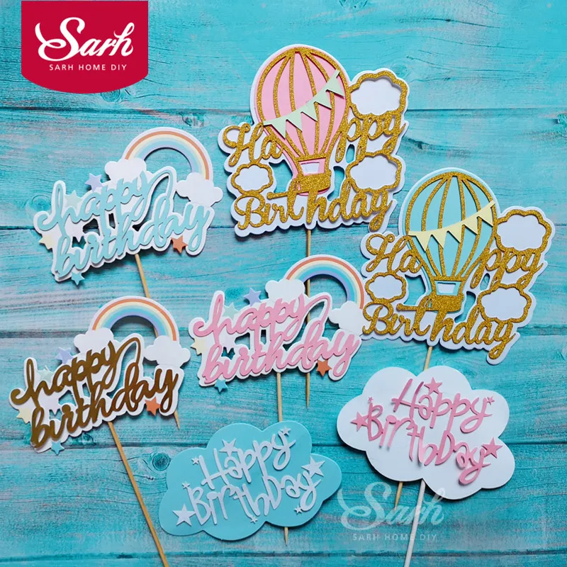 

Bling Pink Blue White Hot Air Balloon Rainbow Cloud Star Ribbon Cake Topper for Party Decoration Dessert Baking lovely Gifts