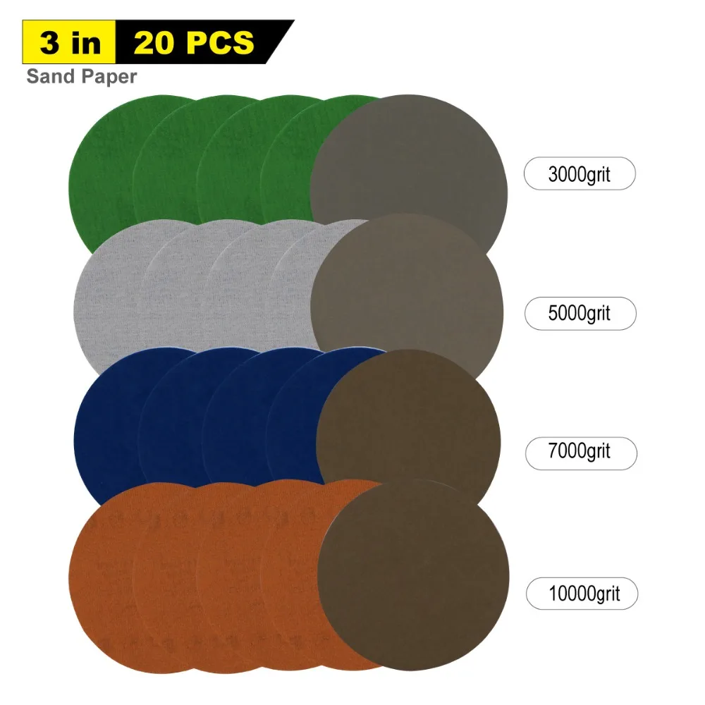 

20PCS 3Inch 75MM Hook and Loop Wet Dry Sandpaper Silicon Carbide 3000/5000/7000/10000 Assorted Grits for Polishing Grinding