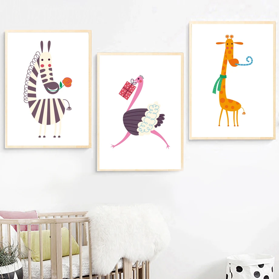 

Zebra Ostrich Giraffe Nordic Poster And Prints Wall Art Canvas Painting Wall Pictures For Kids Baby Boy Girl Room Home Decor