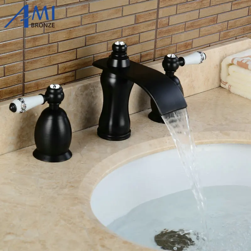 

3Pcs Waterfall Faucet Blacked Basin Faucets Deck Mounted Bathroom Tap Sink or Bathtub Faucet Double handles Faucet BA07