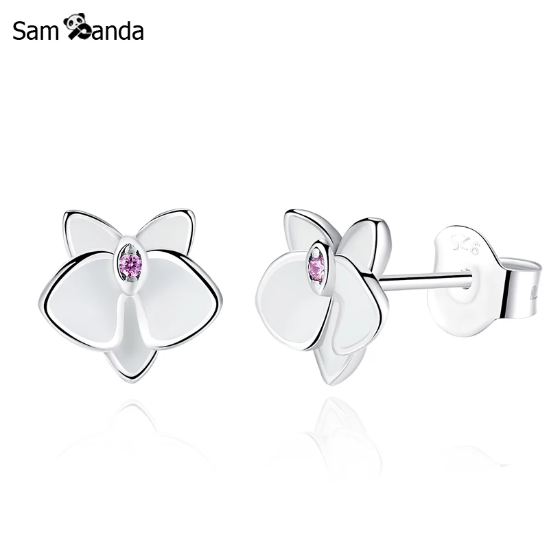 Подлинные 925 пробы серебряные серьги-гвоздики Орхидея цветение белая эмаль Кристальные серьги для женщин Pan изысканные модные ювелирные изделия