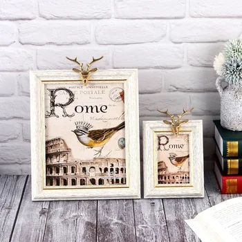 

Wooden Photo Frame with Copper Deer Head Pendulum Desk Picture Display Frame for Home Decor Nordic Wedding Living Room Decor