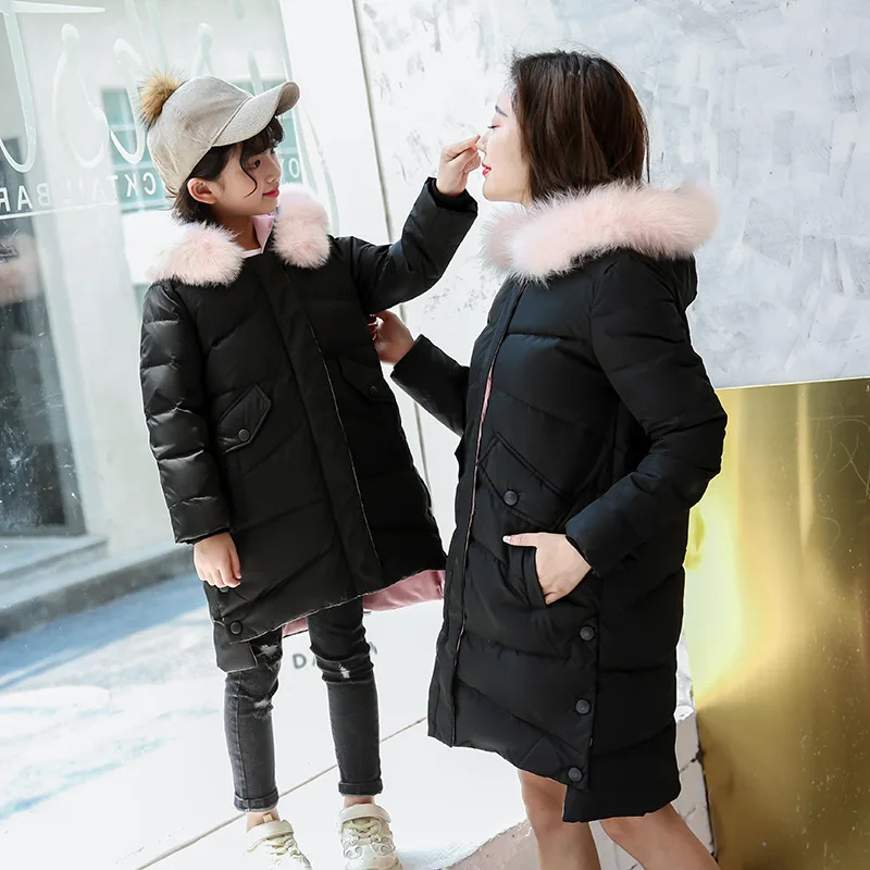 

2019 New Children's Duck Down Jacket Girl Long Section Thicken Daughter Mother Family Matching Outfit With Two-color Fur Collar