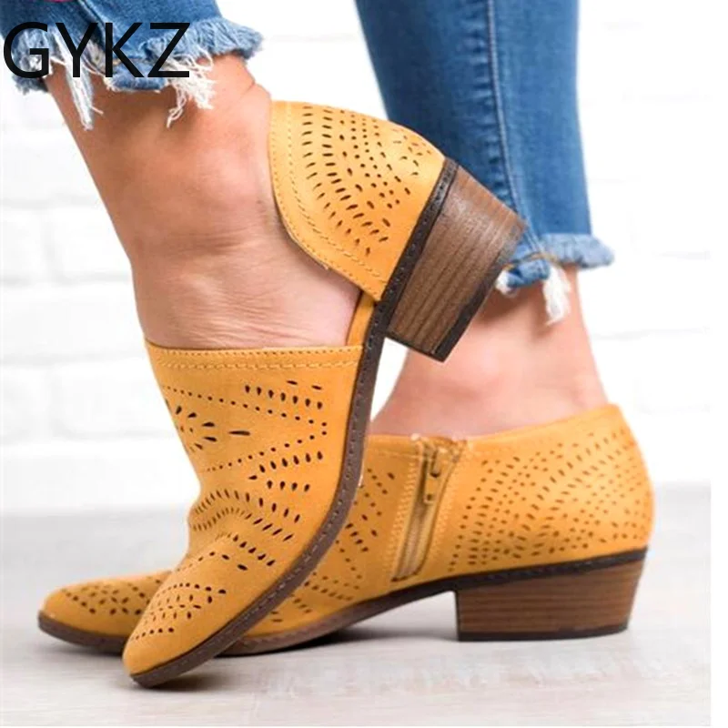 

Fretwork Boots Women Spring Autumn Low Chunky Heel Pointed Toe Side Zip Pumps Short Ankle Shoes Hollow Out Retro Boot