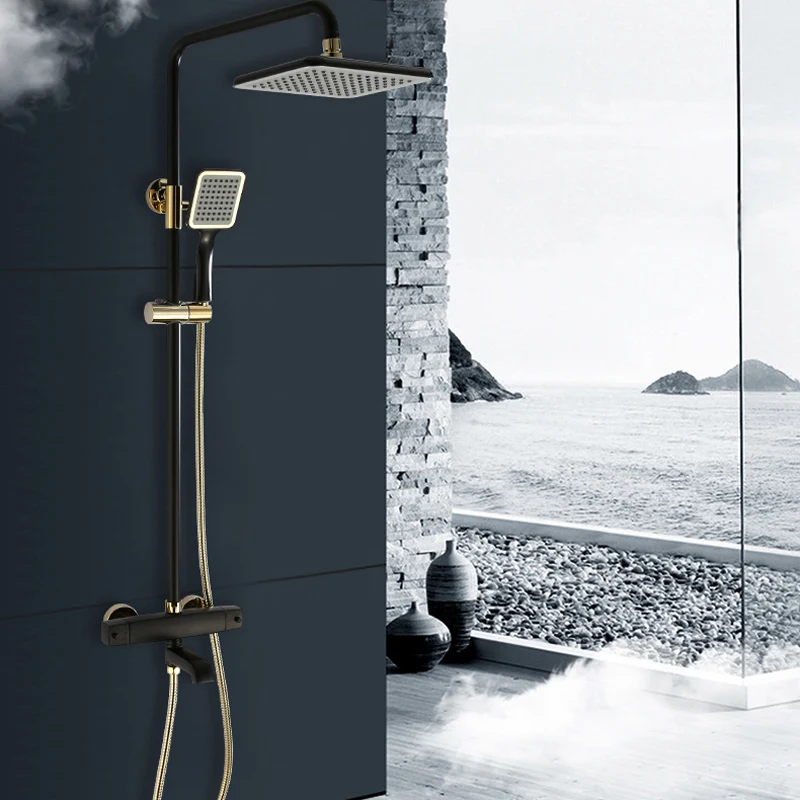 

European Intelligent Constant Temperature Mixing Valve Black-platinum Antique Shower Sprinkler Set Full Copper Bathroom Faucet