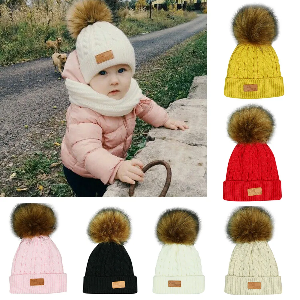 

Cute Toddler Kids Winter Hats Girls Boys Baby Keep Warm Crochet Knit Hat Children Fur Ball Beanie Cap Newborn Infant Baby Caps
