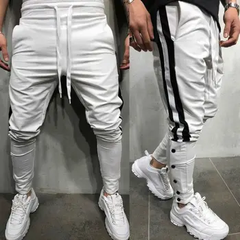 

Men's Casual Slim Fit Side Stripe Elastic Drawstring Button Long Joggers Pants Sweatpants Workout Pants with Pockets