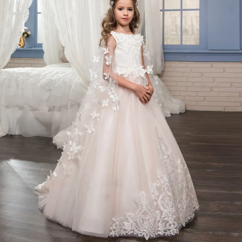 2018 Romantic Cloak Pink Lace Flower Girl Dress for Weddings Trailing Ball Gown Party Pageant First Communion Dresses | Детская одежда