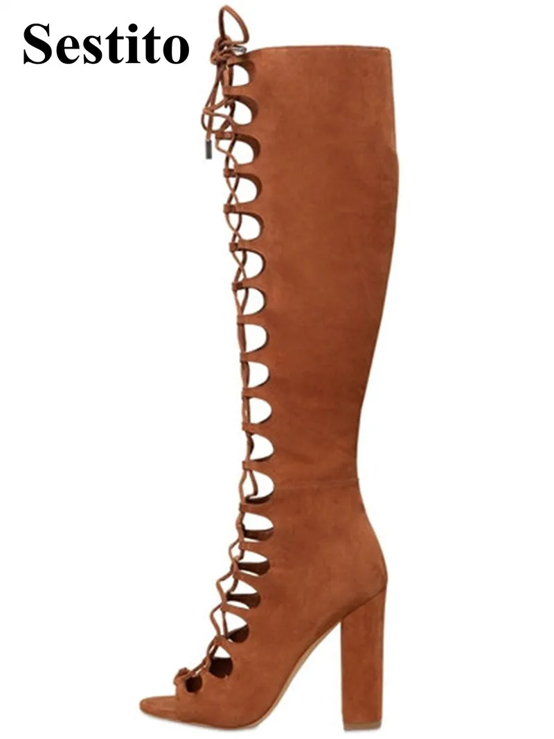 

European Solid Flock Peep Toe Cross-tied Super High Heel Knee-high Boots Women Hoof Heels Lace-up Thigh High Boots Ladies Shoes