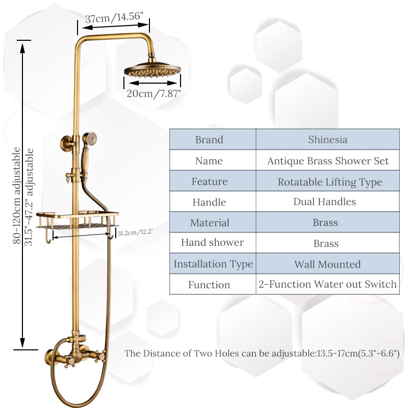 Античный латунный душевой набор кран с товарной полкой и вешалками смеситель кран " дождевая головка двойные ручки настенный - Цвет: Antique Style C