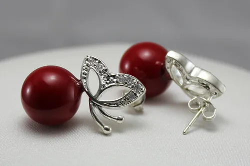 

wholesale fashion jewelry Elegant red 8mm shell pearl with butterfly silver plated Earring #203