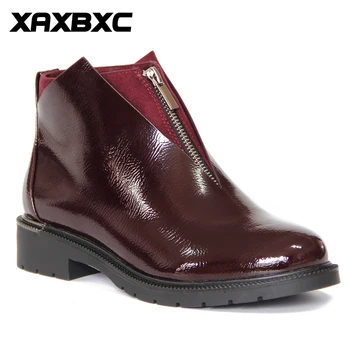 

XAXBXC 2019 Autumn Winter Retro Leather Brogues Oxfords Short Boots Women Zipper Round Toe Handmade Casual Mujer Ladies Shoes