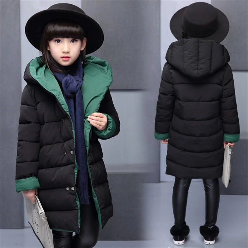 New Girls' cotton coats, long thick padded cotton suits, big boys and girls, wearing cotton jackets on both sides