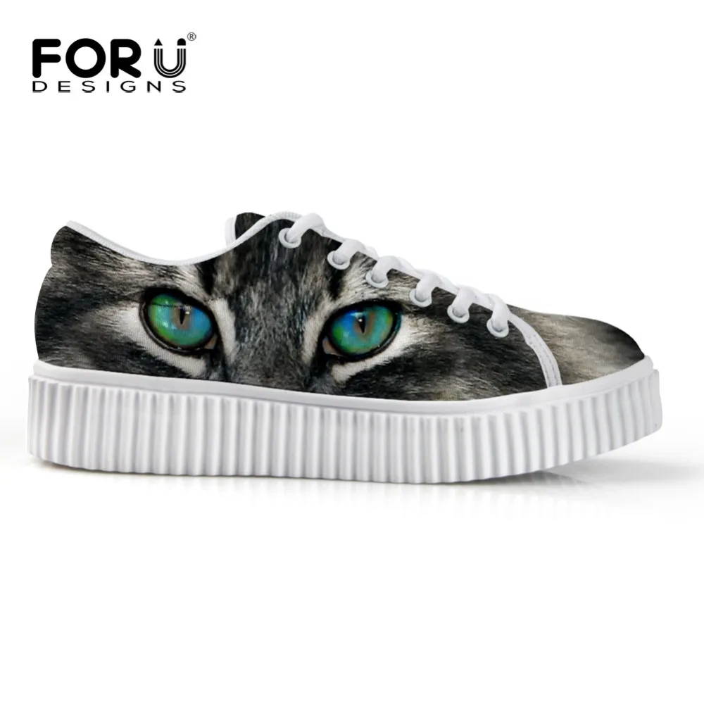 FORUDESIGNS Women Shoes Cute Cat Print Creepers Vintage Lace Up