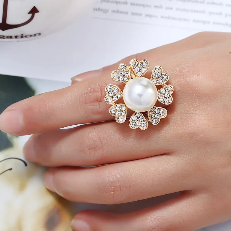 Simulated Pearl Rings For Women r With CZ stone Wedding Engagement Band Ring