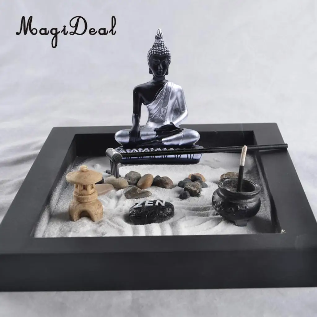MagiDeal Japanese Zen Garden Sand Tray Buddha Stones Fengshui Meditation Landscape Ornament Home Club Pub Bar
