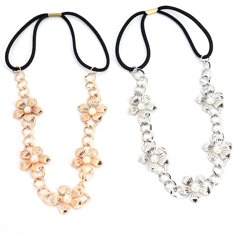Fashion Women Metal Head Chain Flower Elastic Hair Band Trendy Headband Hair Accessories Hollow Rose Flowe Jewelry