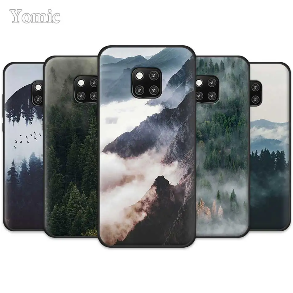 

Black Silicone Mobile Phone Case for Huawei Mate 20 Pro 10 20 Lite Honor 20 Lite 20 Pro P20 P30 Mountain Peak Forest Case Cover