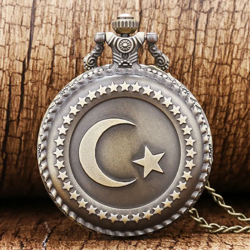Бронзовый флаг Турции дизайн Луна Звезда круг кварцевые антикварные карманные часы для мужчин и женщин