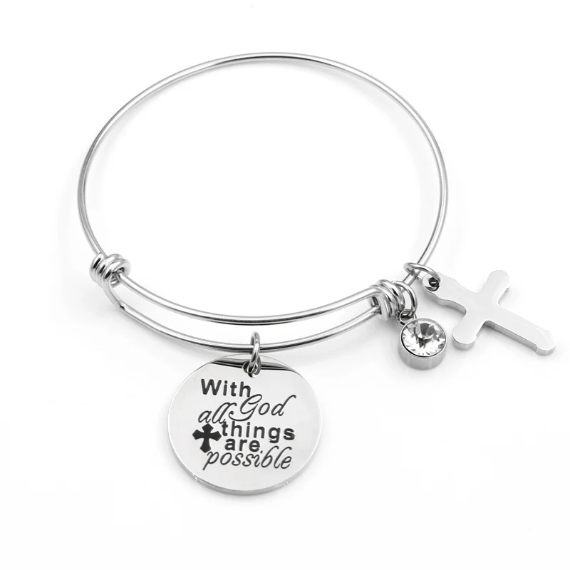

VILLWICE Cross Charm Bracelet Bangle Stainless Steel Bracelet Engraved 'with god all things are possible' Christian Jewelry Gift