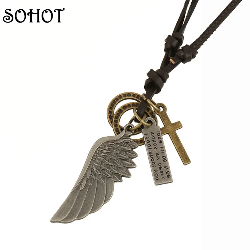 Fashion Punk Leaf Feather Cross Leather Pendant Necklaces Rock Vintage Retro Rope Chain Necklace