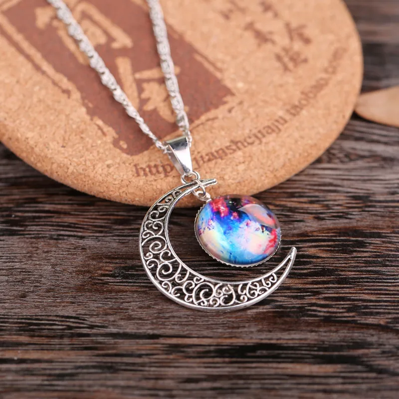 2016 Fashion Jewelry Hollow Moon Glass Galaxy Necklaces Silver Chain Girls Pendants Best Gifts | Украшения и аксессуары