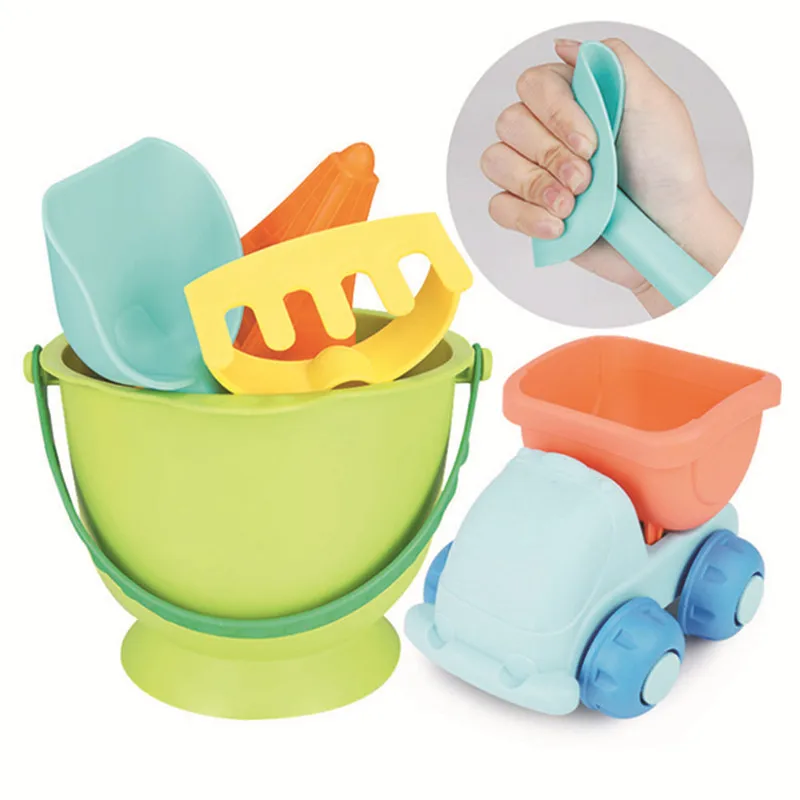 amazing  5 pcs Beach Toys Set for Kids Toddlers Baby Sand Toys for Girls Boys Soft Truck Bucket/ Watering Ca