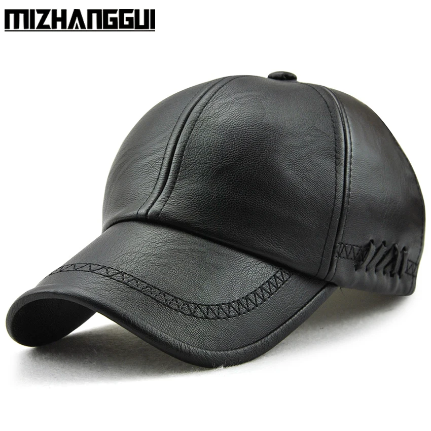 PU Leather Baseball Cap Men's Black Spring Autumn Golf Hats Adult Hip