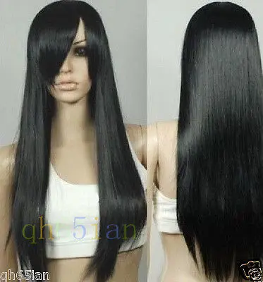FREE SHIP&gt&gt&gtNEW COSPLAY BLACK LONG STRAIGHT WITH BANG WOMEN FULL WIGS/FREE WIG CAP |
