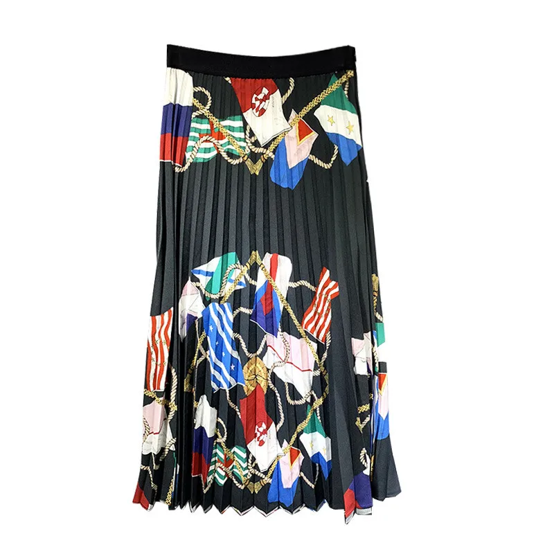 2019 летняя винтажная нерегулярная печать вечерние Вечеринка черная длинная юбка Подиум дизайнерская Высокая талия Женская плиссированная