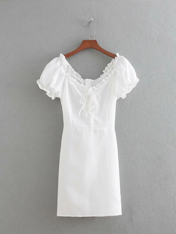 Новое летнее женское хлопковое вышитое платье с глубоким вырезом и шнуровкой на талии с пышным коротким рукавом - Цвет: Белый