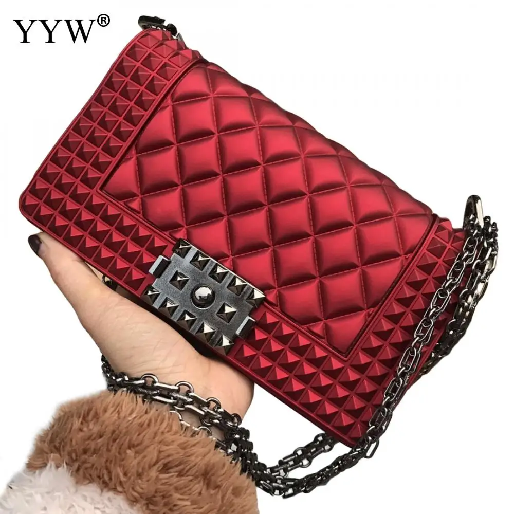 النساء السود حقيبة مطاط برشام هلام سلسلة Crossbody حقيبة بولسا Borracha الأزرق يد مملة البولندية ثقافاتنا المطاط حقائب يد 2019