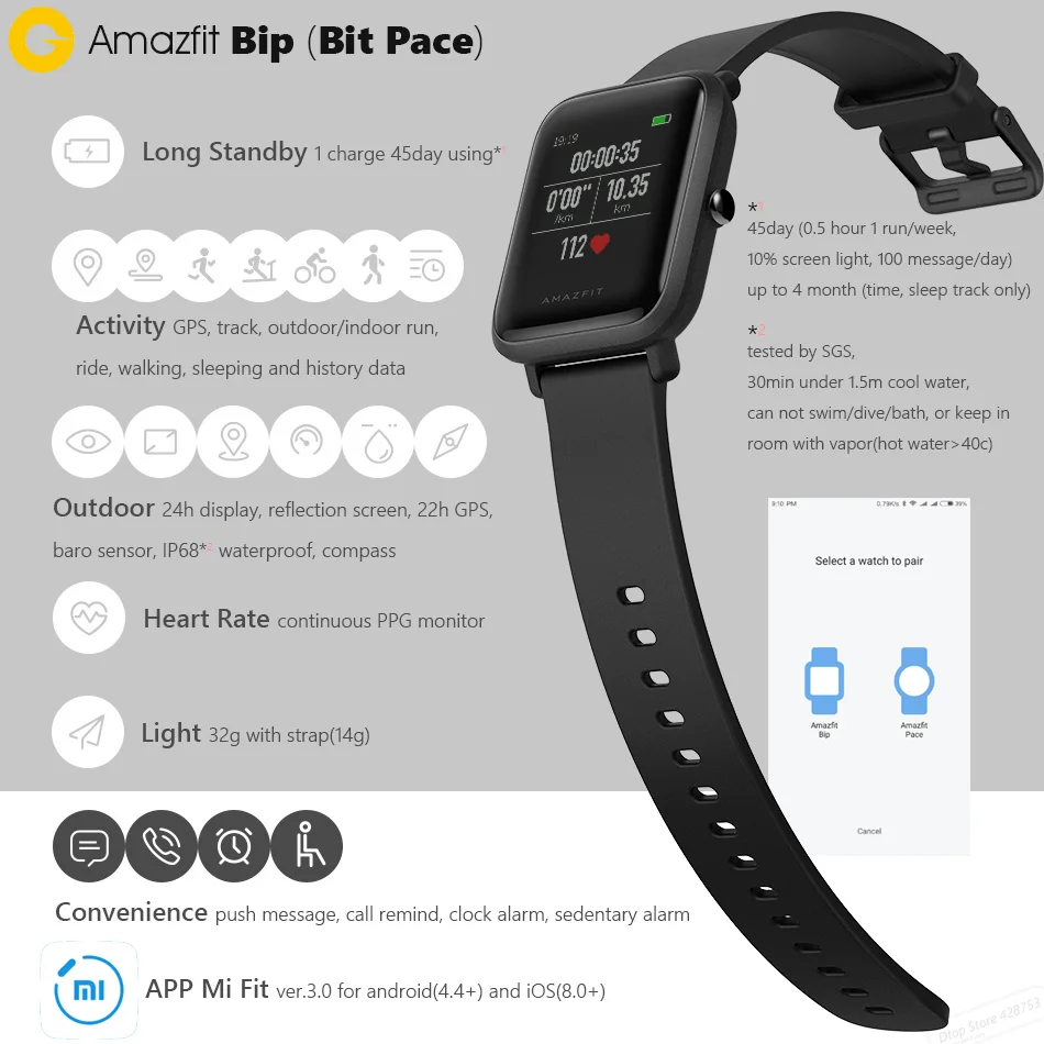 [Бесплатно] глобальная версия Huami Amazfit BIP BIT PACE BEEP gps IP68 Водонепроницаемые Молодежные умные часы 1,2" цветной экран умные часы