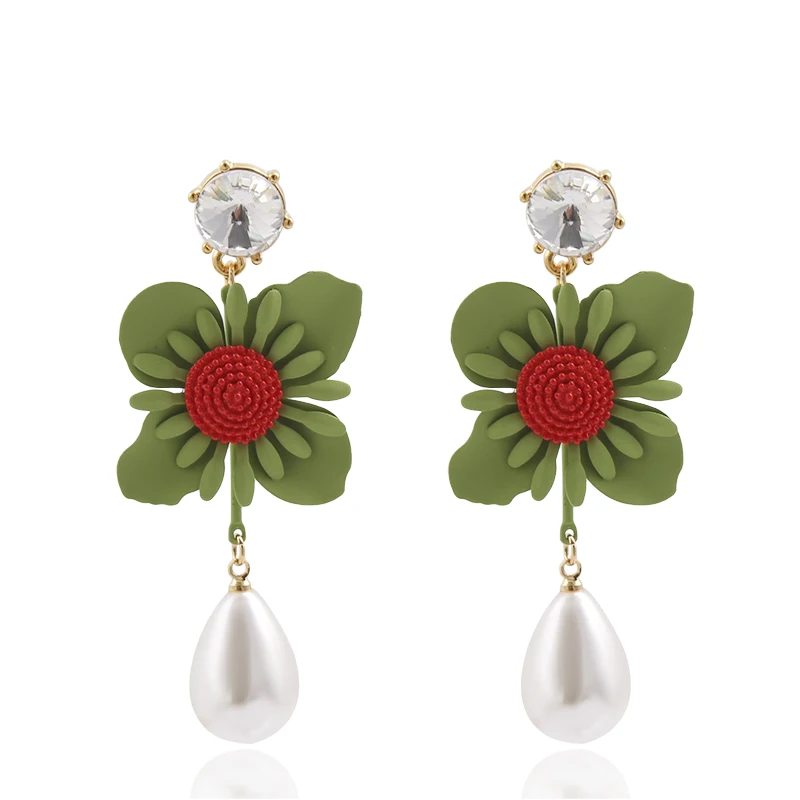 

Sunflower Pendants Female Dangle Earrings Crystal Top Water Drop Shape Imitation Pearl Ear Jewelry pendientes mujer moda 4M3033