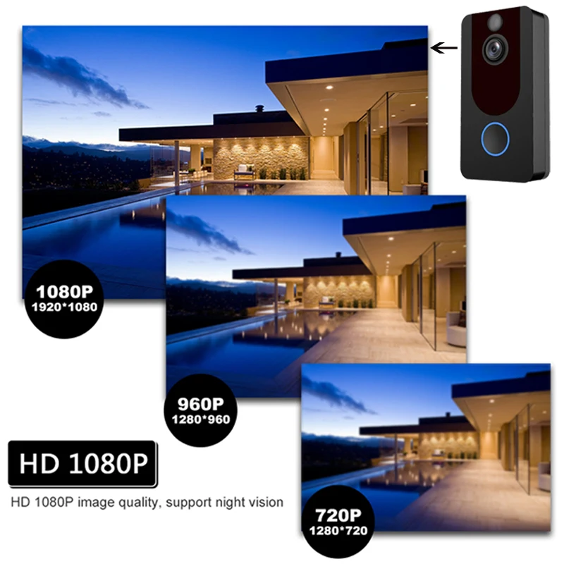 Дверной звонок 1080P Wi Fi умный беспроводной дверной V7 водонепроницаемый домофон