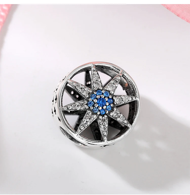Стерлинговое Серебро 925 пробы, восьмиконечная звезда и голубой циркон, аксессуары подходят для оригинальных шармов Pandora, браслетов, ювелирных изделий