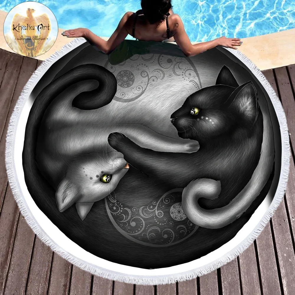 Продажа Yinyang Cat утро по Khalia Art круглый пляжное Полотенца микрофибры салфетку De Plage Пейсли Одеяло Черный и белый коврик для пикника