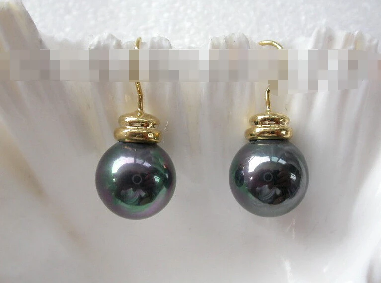 

1256 round black south sea shell pearl dangle earrings