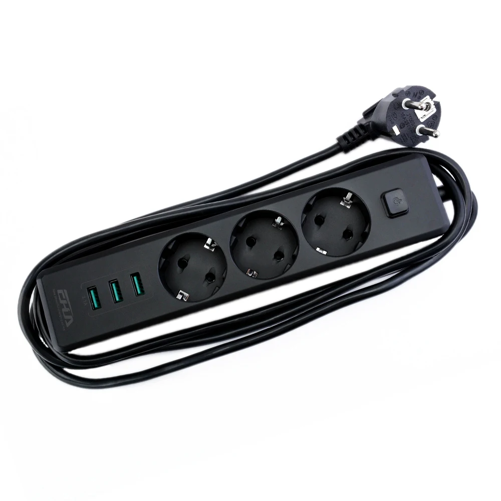 Black 3 EU Outlet Extension Plug Socket Outlets with 3 USB Charger 250V 10A 1.8M Extension cord USB EU Adapter with Gift Package Black 3 EU Outlet Extension Plug Socket Outlets with 3 USB Charger 250V 10A 1.8M Extension cord USB EU Adapter with Gift Package