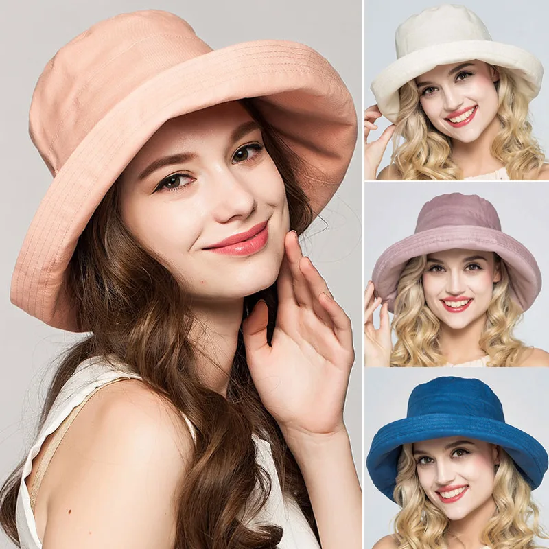 

Lady Women Summer Beach Wide Brim Foldable Fisherman Big Bowknot Cotton Bucket Hat Best Sale-WT