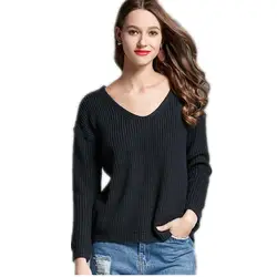 Сексуальная шнуровка назад Для женщин вязаный свитер Pullovers2018Long рукавами и большим v-образным вырезом Для женщин свитер свободные короткие