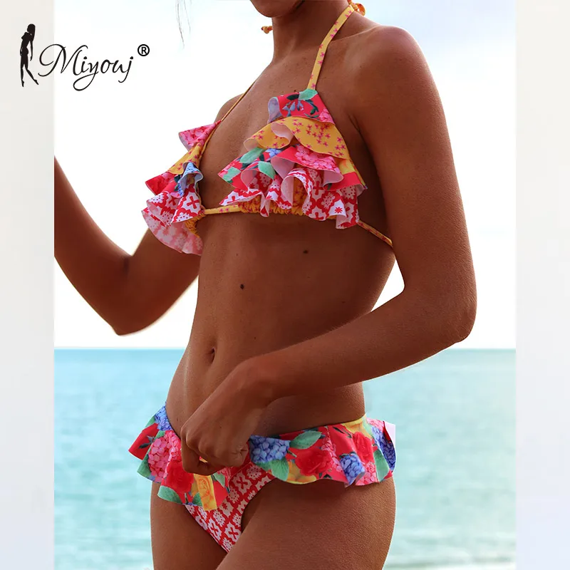 Miyouj Lovely Ruffle Bikini Floral Lace Sexy Bandage Swimsuit String Swimwear Push Up Biquini Feminino Bathing Suit Bikini Set