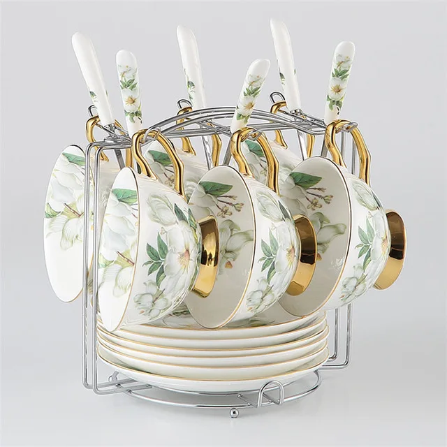 6sets with 1holder Европейский кофейный сервиз из костяного фарфора камелии, британский фарфоровый чайный сервиз, керамический чайник, сливочник, сахарница, чайная чашка nespresso - Цвет: 6sets with 1holder