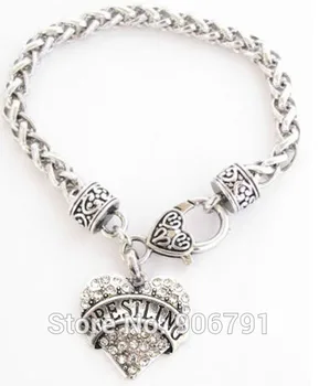 

Best selling!! 50pcs a lot antique silver Wrestling with Crystal Heart Lobster Claw Bracelet Jewelry