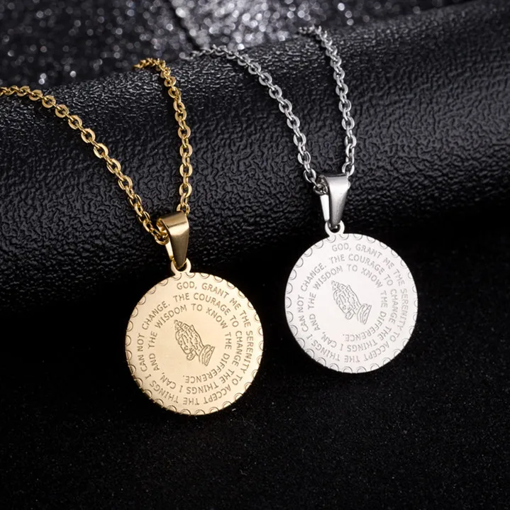 

D&Z Gold Silver Color Stainless Steel Bible Prayer Hand Pendant Necklace Round Shape Link Chain Necklaces