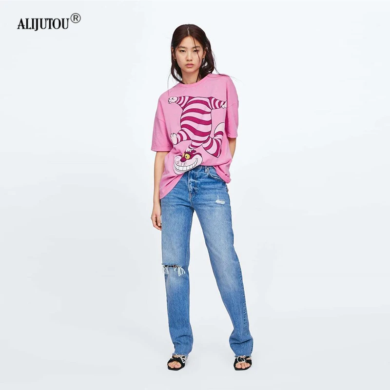 Alice In Wonderland Pink T-Shirt Women Zaraing Fashion Casual Cartoon Cheshire Cat Print Short Sleeve Tshirt Femme Graphic Tee